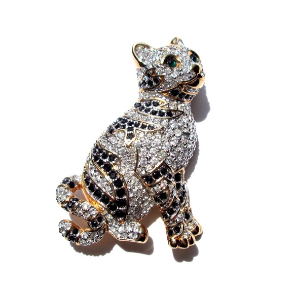 ✨🐱 Swarovski Vintage 1999 Swan Mark Rare Retired Cat Brooch Gold Tone Crystal - Picture 4 of 14